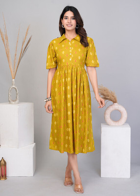Zwc Women Printed Flared Kurta(Yellow)