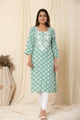 OKARA STYLE Women Embroidered, Printed A-line Kurta(Green)