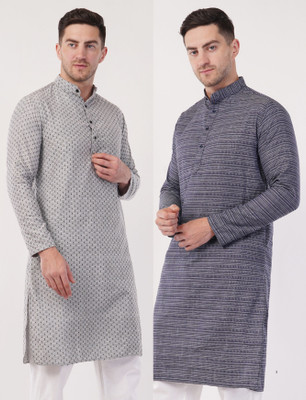 Zargnut Attire Men Printed Straight Kurta(Grey, Blue)