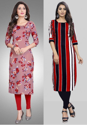 Modli 20 Fashion Women Striped, Printed Straight Kurta(Red, Pink)