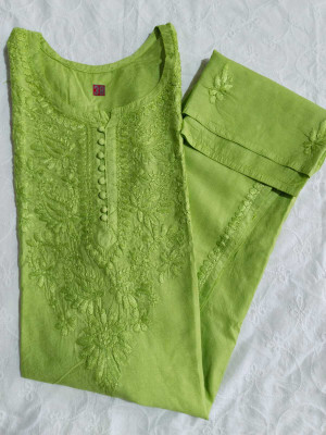Adab chikan handicraft Women Self Design A-line Kurta(Light Green)