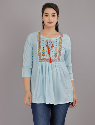 BADTHUNIA FAB Women Embroidered A-line Kurta(Blue)