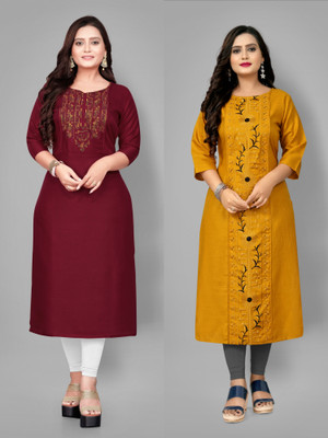 Fabriza Women Embroidered A-line Kurta(Maroon, Yellow)