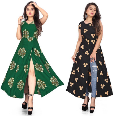 maruti fab Women Printed Frontslit Kurta(Green)