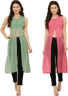 VESICLE Women Solid Frontslit Kurta(Light Green, Pink)