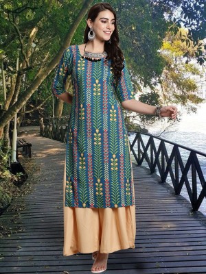 EthnicBasket Women Printed Straight Kurta(Green)