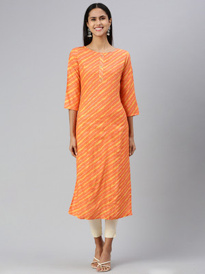 Saanjh Women Striped A-line Kurta(Orange)