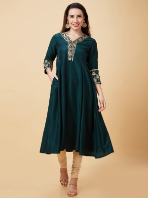 Globus Women Embroidered A-line Kurta(Dark Green)