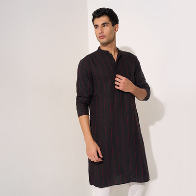 Indus Route by Pantaloons Men Printed Straight Kurta(Black)