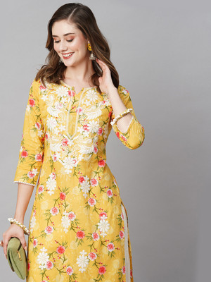 RATAN Women Chikan Embroidery Straight Kurta(Yellow)