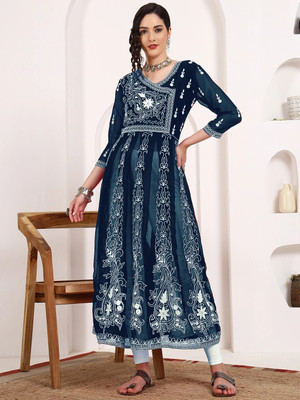 Youthnic Women Chikan Embroidery Anarkali Kurta(Blue)
