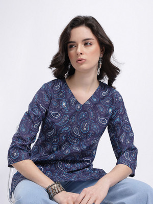 Anouk Rustic Women Printed Straight Kurta(Blue)