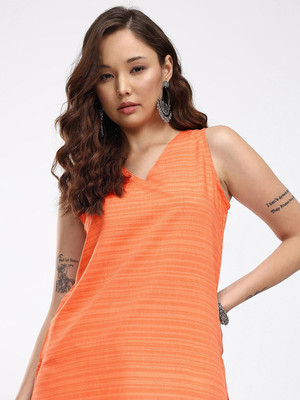 Anouk Rustic Women Striped Straight Kurta(Orange)