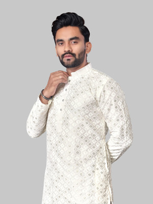FOXDX Men Printed, Embroidered A-line Kurta(White)