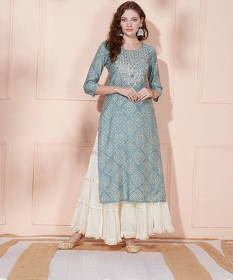 PHYSIL Women Embroidered Straight Kurta(Light Blue, Beige)