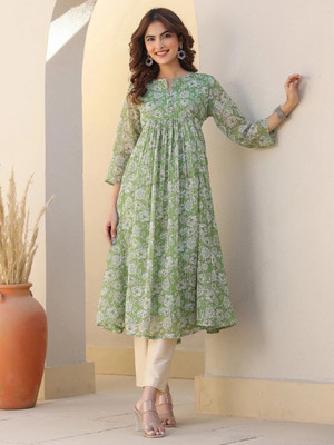 Janasya Women Floral Print Flared Kurta(Green)