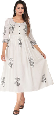 Priyshi Designing Women Printed Flared Kurta(White)