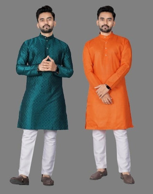 DHASU TRENDZ Men Self Design, Solid Straight Kurta(Blue, Orange)