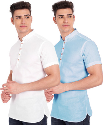 UNIFAV Men Solid Straight Kurta(Light Blue, White)