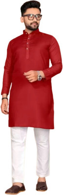 Triotee Men Solid Straight Kurta(Red)