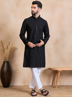 House of Pataudi Men Embroidered Ethnic Dress Kurta(Black)