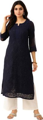 RINEZZA Women Chikan Embroidery Straight Kurta(Blue)