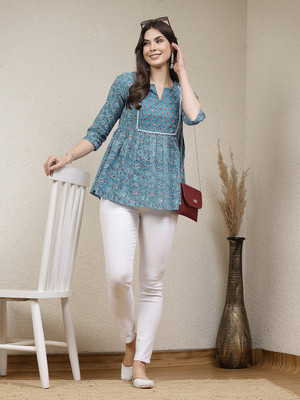 Stylum Women Floral Print, Embellished A-line Kurta(Light Blue)