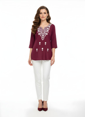 JUST FEEL Women Embroidered Straight Kurta(Purple)