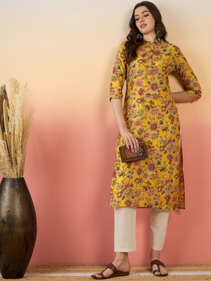ANOUK Women Floral Print Straight Kurta(Yellow)