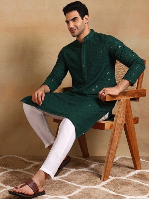 Ethnic Bay Men Embroidered Straight Kurta(Green)