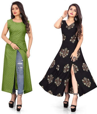 tanvi creation Women Printed Frontslit Kurta(Black)