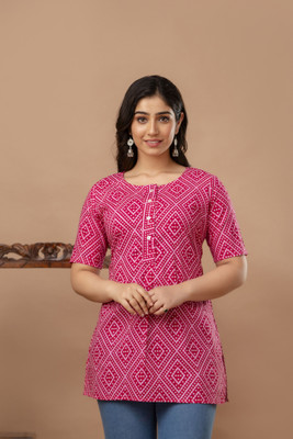 Vivan Enterprises Women Geometric Print A-line Kurta(Pink, White)
