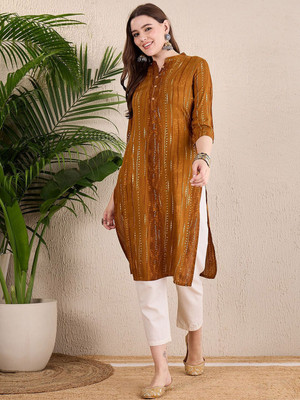ANOUK Women Striped Straight Kurta(Brown)