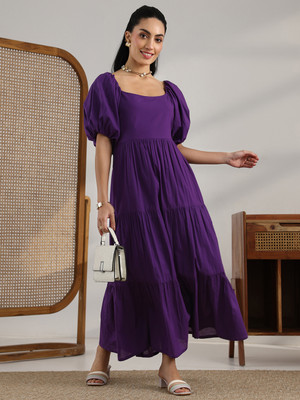 LIBAS Women Solid Flared Kurta(Purple)