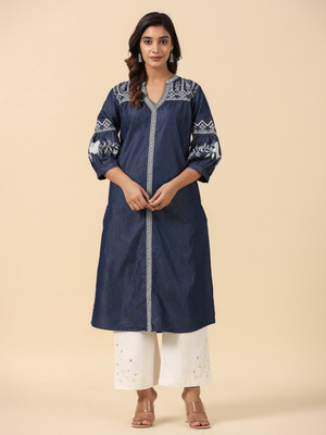 SAVI Women Embroidered A-line Kurta(Dark Blue, White)
