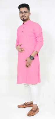 Rainbow Cloths Men Solid Straight Kurta(Pink)