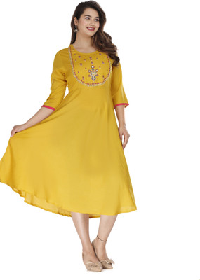 GULJAR FASHION Women Embroidered Flared Kurta(Yellow)