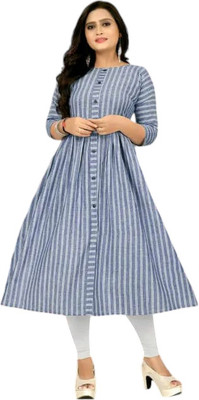Texpa Fashion Women Striped Flared Kurta(Blue)