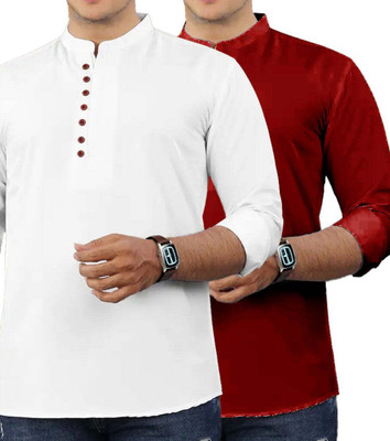 GOD HEART Men Solid Straight Kurta(Maroon, White)