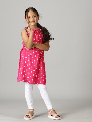 KiddoPanti Girls Printed A-line Kurta(Pink, White)