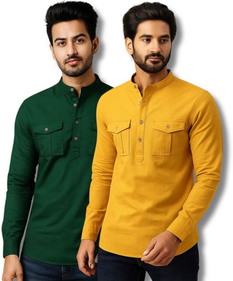 CROWNTAIL Men Solid Straight Kurta(Green, Yellow)