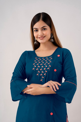 Udati Kaliya Women Embroidered A-line Kurta(Blue)