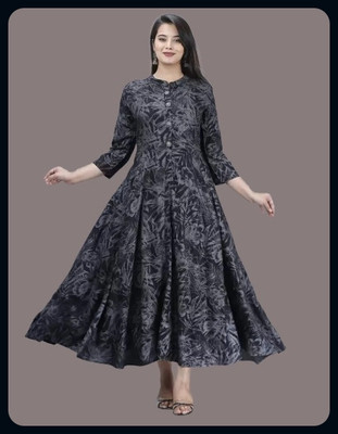 RACHNA FASHION Women Printed Flared Kurta(Black, Grey)