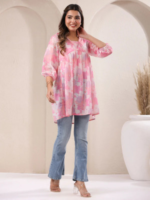 Janasya Casual Floral Print Women Pink Top