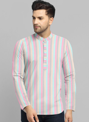AMOUS Men Striped A-line Kurta(Pink)