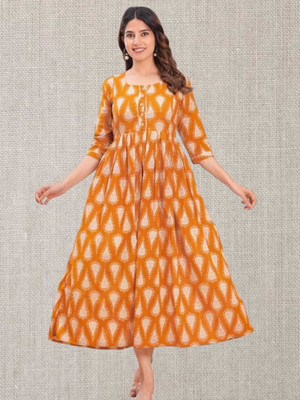 Gora Laxmi Women Printed Anarkali Kurta(Yellow)