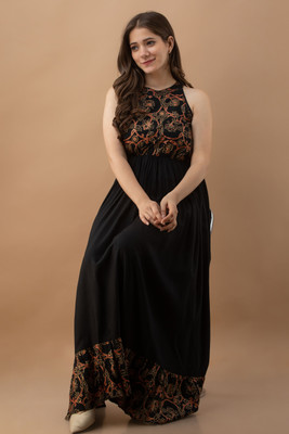 Dk Fab Women Embroidered Flared Kurta(Black)