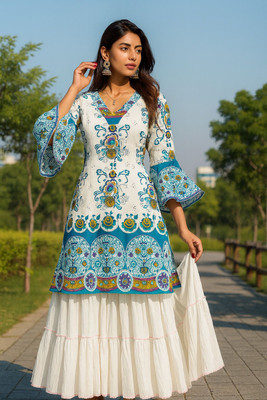 NRTFASHION Women Printed, Floral Print A-line Kurta(Multicolor, Blue, White)