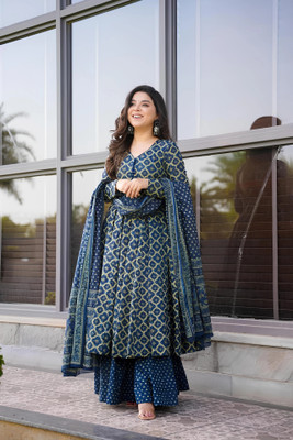 NARI DREAM Women Floral Print Flared Kurta(Blue)