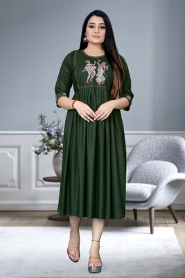 zyqo Women Fit and Flare Dark Green Midi/Calf Length Dress